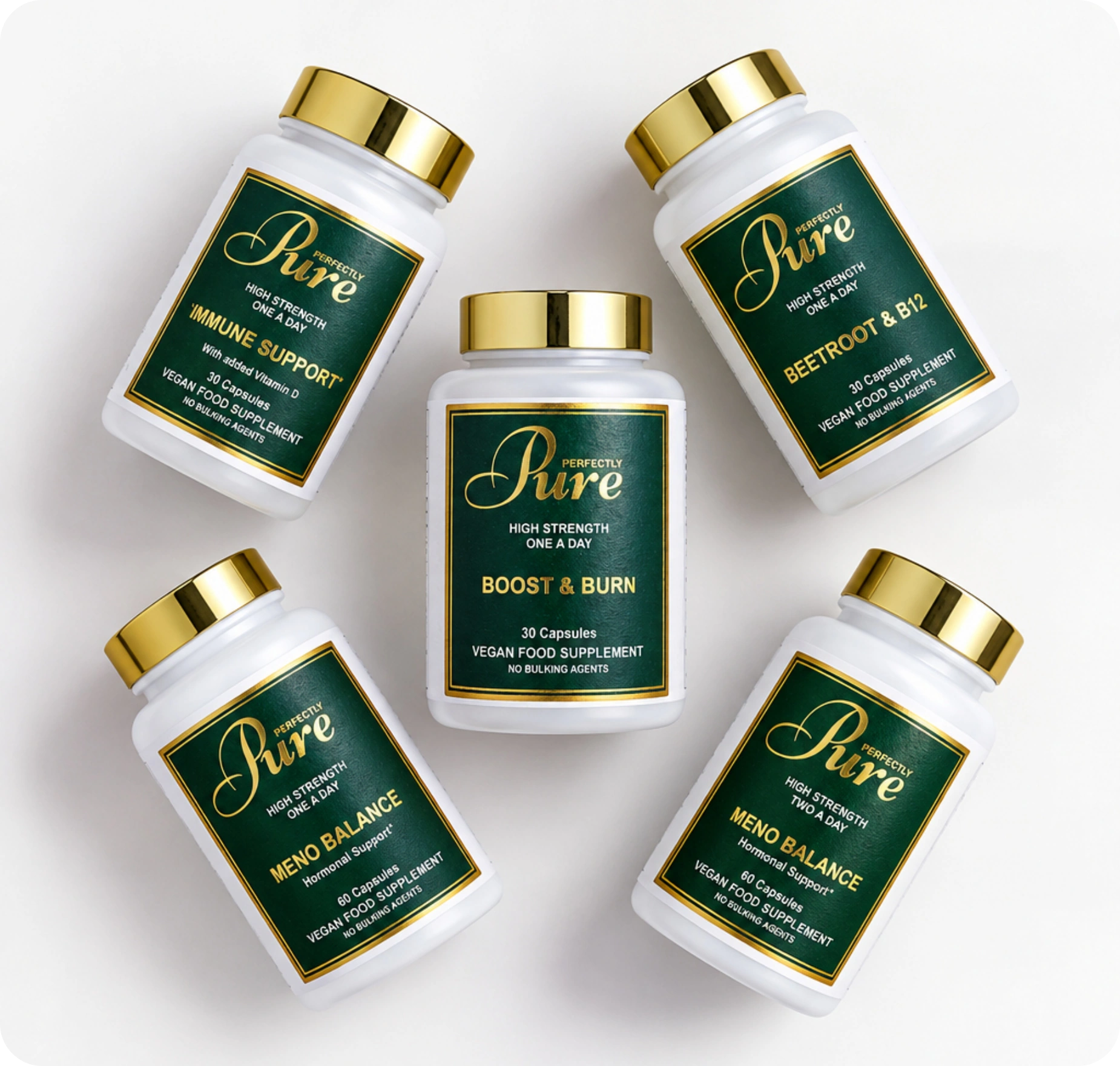 Perfectly Pure vegan supplements in glass bottles