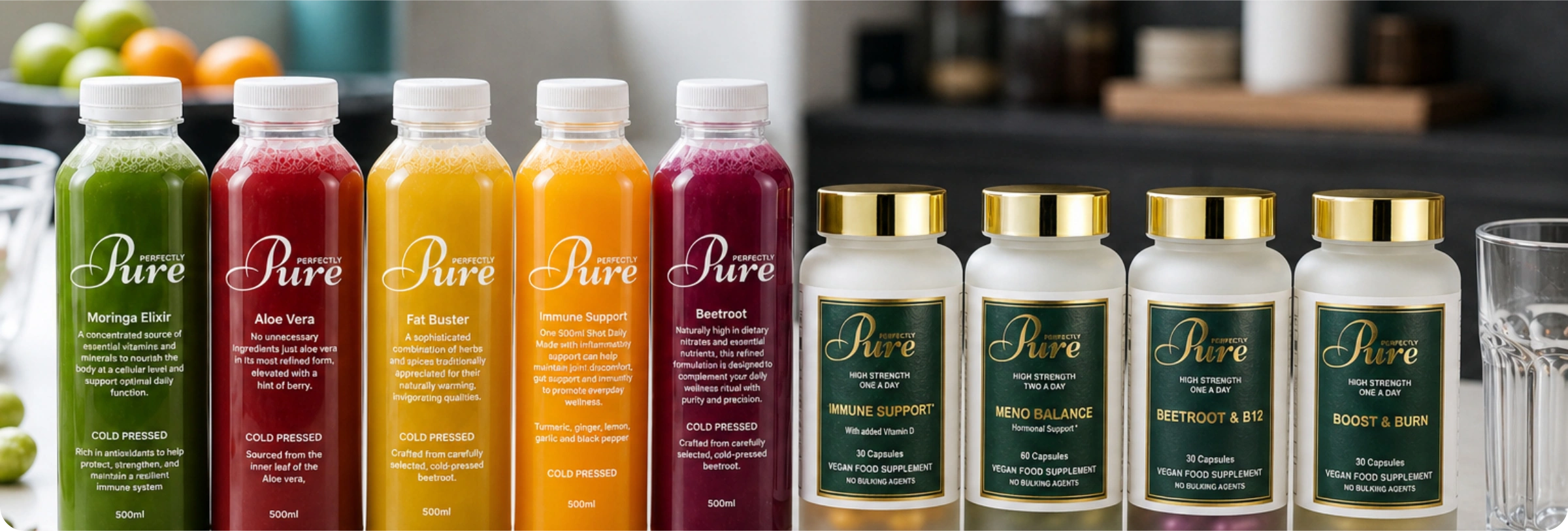 The Perfectly Pure range of cold-pressed juices and vegan supplements